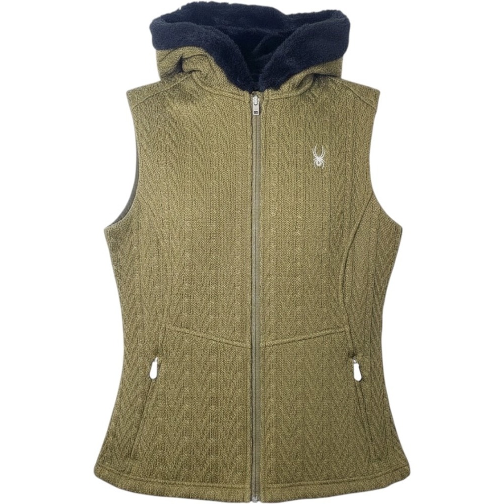 Spyder Womens Olive Green Core Sweater Hooded Faux Fur Trim Zip Up Vest Jacket M